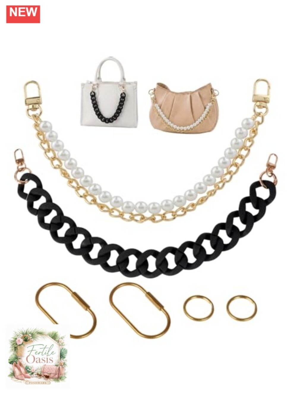 2 Pcs Purse Chain Set - Pearl and Matte Black Acrylic Bag Charm, Metal Shoulder